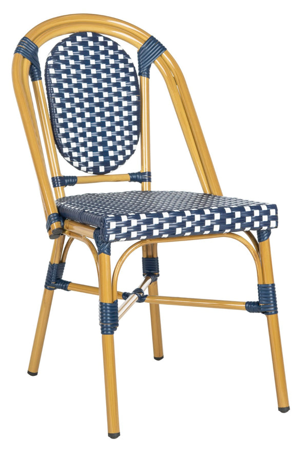 Safavieh LENDA Elegant French Bistro Chair - Navy & White Woven Seat with Brown Frame for Outdoor Charm PAT4036A-SET2