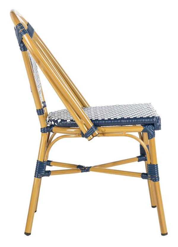Safavieh LENDA Elegant French Bistro Chair - Navy & White Woven Seat with Brown Frame for Outdoor Charm PAT4036A-SET2