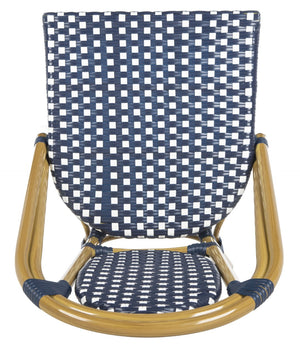 Safavieh LENDA Elegant French Bistro Chair - Navy & White Woven Seat with Brown Frame for Outdoor Charm PAT4036A-SET2