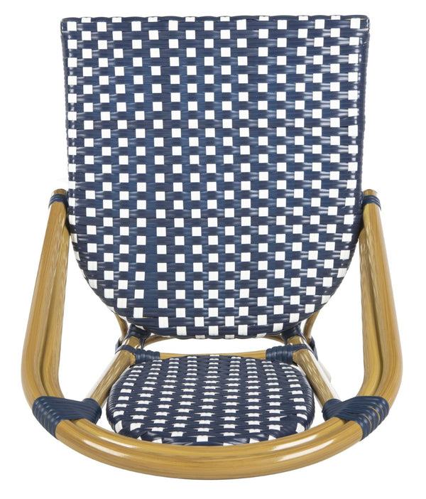 Safavieh LENDA Elegant French Bistro Chair - Navy & White Woven Seat with Brown Frame for Outdoor Charm PAT4036A-SET2