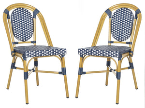 Safavieh LENDA Elegant French Bistro Chair - Navy & White Woven Seat with Brown Frame for Outdoor Charm PAT4036A-SET2