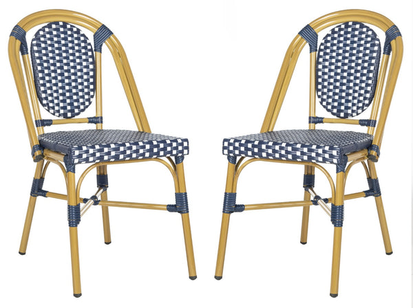 Safavieh LENDA Elegant French Bistro Chair - Navy & White Woven Seat with Brown Frame for Outdoor Charm PAT4036A-SET2