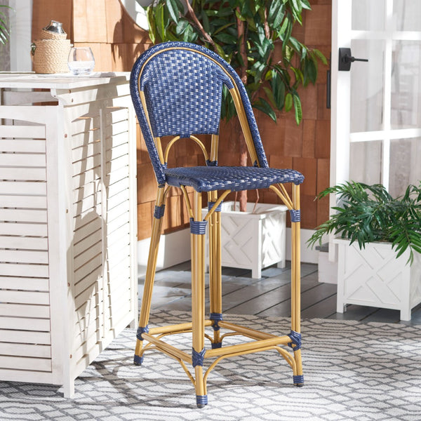 Safavieh ZAID Coastal-Inspired Bar Stool - Stylish Stackable Design for Outdoor Spaces, Patios & Decks Navy PAT4038D