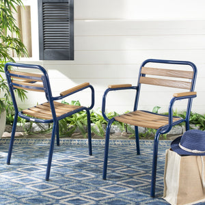 Safavieh RAYTON Stackable Patio Chair - Durable Navy Frame & Warm Brown Seat for Modern Outdoor Spaces PAT4039A-SET2