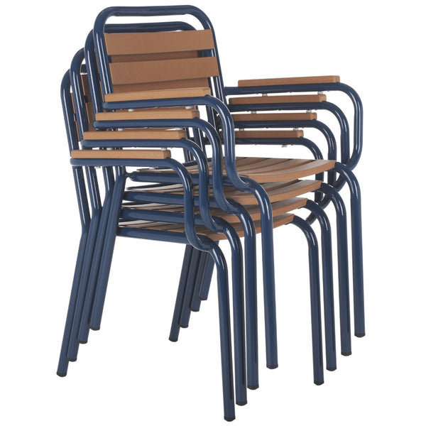 Safavieh RAYTON Stackable Patio Chair - Durable Navy Frame & Warm Brown Seat for Modern Outdoor Spaces PAT4039A-SET2