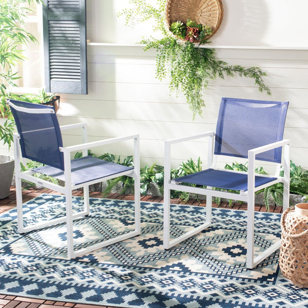 Safavieh NEVAL Chair - Modern White Base with Navy Textilene Seat for Stylish Outdoor Living Spaces PAT4041A-SET2