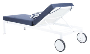 Safavieh YVES Weather-Ready Sun Lounger with Adjustable Backrest - Coastal Style, Navy Cushion & White Base PAT4042A