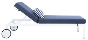 Safavieh YVES Weather-Ready Sun Lounger with Adjustable Backrest - Coastal Style, Navy Cushion & White Base PAT4042A