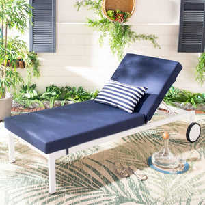 Safavieh YVES Weather-Ready Sun Lounger with Adjustable Backrest - Coastal Style, Navy Cushion & White Base PAT4042A