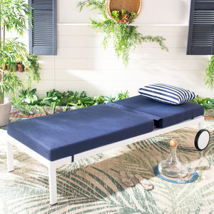 Safavieh YVES Weather-Ready Sun Lounger with Adjustable Backrest - Coastal Style, Navy Cushion & White Base PAT4042A