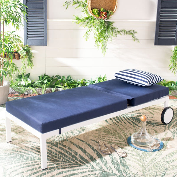 Safavieh YVES Weather-Ready Sun Lounger with Adjustable Backrest - Coastal Style, Navy Cushion & White Base PAT4042A