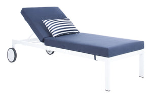 Safavieh YVES Weather-Ready Sun Lounger with Adjustable Backrest - Coastal Style, Navy Cushion & White Base PAT4042A