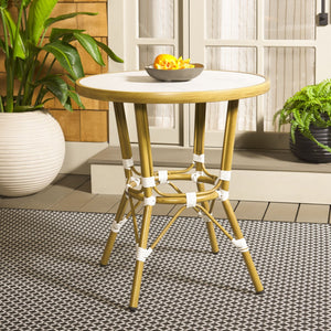 Safavieh POMONA Bistro Table - Elegant White Stone Top, Bamboo-Style Aluminum Base for Outdoor Spaces PAT4051A