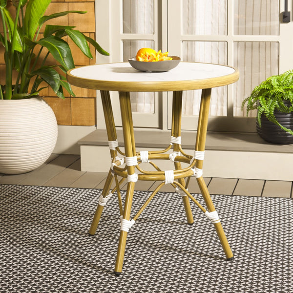 Safavieh POMONA Bistro Table - Elegant White Stone Top, Bamboo-Style Aluminum Base for Outdoor Spaces PAT4051A