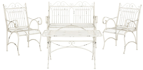 Safavieh LEAH 4-Piece Wrought Iron Outdoor Set with Victorian Scroll Design for Charming Patio Gatherings Antique White PAT5000A