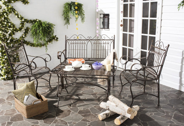 Safavieh LEAH 4-Piece Wrought Iron Outdoor Set with Victorian Scroll Design for Charming Patio Gatherings Rustic Brown PAT5000B
