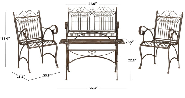 Safavieh LEAH 4-Piece Wrought Iron Outdoor Set with Victorian Scroll Design for Charming Patio Gatherings Rustic Brown PAT5000B