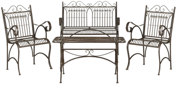 Safavieh LEAH 4-Piece Wrought Iron Outdoor Set with Victorian Scroll Design for Charming Patio Gatherings Rustic Brown PAT5000B