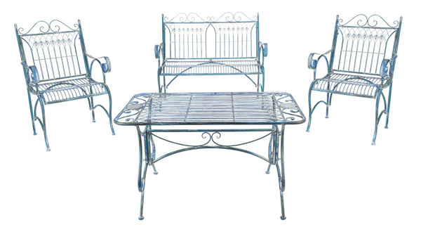 Safavieh LEAH 4-Piece Wrought Iron Outdoor Set with Victorian Scroll Design for Charming Patio Gatherings Mossy Blue / - PAT5000C