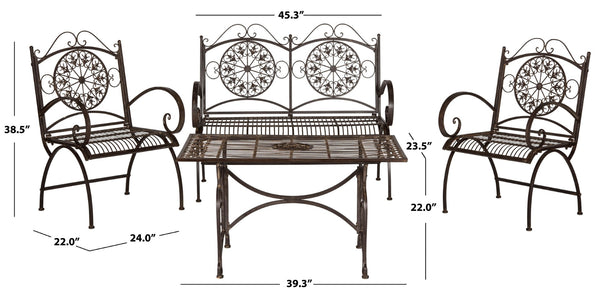 Safavieh SOPHIE 4-Piece Patio Set – Elegant Victorian-Inspired Outdoor Furniture for Charming Gatherings Rustic Brown PAT5001B