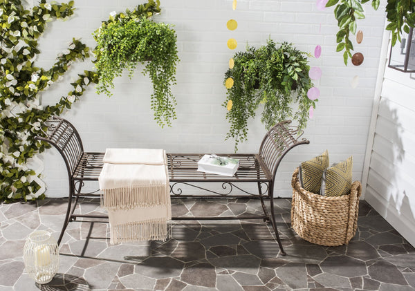 Safavieh HADLEY Bench - Timeless Victorian Elegance for Outdoor Spaces with Intricate Wrought-Iron Design Rustic Brown PAT5002B