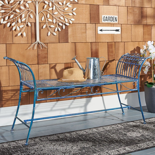 Safavieh HADLEY Bench - Timeless Victorian Elegance for Outdoor Spaces with Intricate Wrought-Iron Design Mossy Blue / - PAT5002C