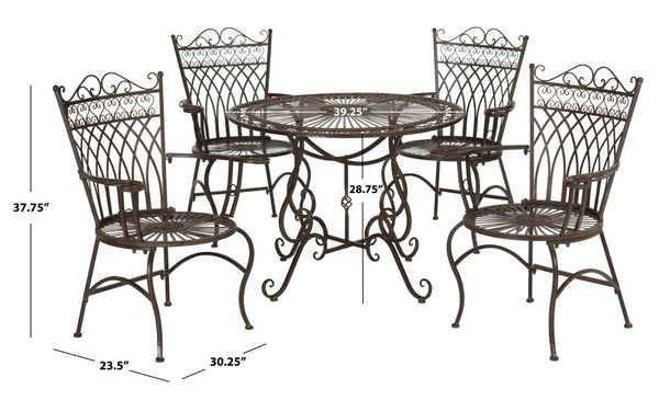 Safavieh THESSALY 5 PC Dining Set - Elegant Victorian Outdoor Furniture for Patios and Gardens, Timeless Charm Rustic Brown PAT5003B