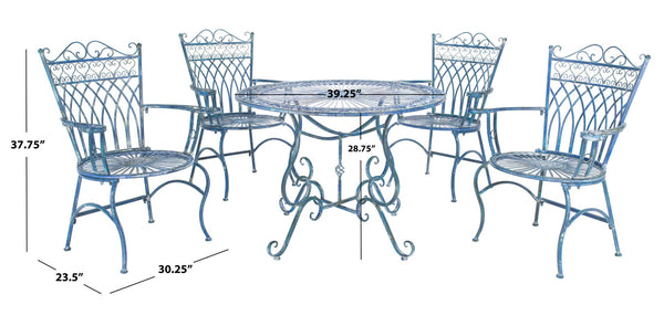 Safavieh THESSALY 5 PC Dining Set - Elegant Victorian Outdoor Furniture for Patios and Gardens, Timeless Charm Mossy Blue / - PAT5003C
