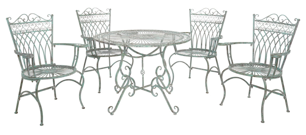 Safavieh Thessaly 5 Pc Victorian Dining Set - Antique Blue Iron For Romantic Outdoor Meals & Gatherings Antique Dark Green , 100% Iron Pat5003d