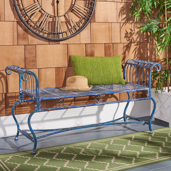 Safavieh BRIELLE Bench - Elegant Victorian-Inspired Iron Design for Gardens, Patios, and Outdoor Spaces Mossy Blue / - PAT5004C