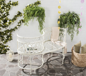 Safavieh LARA Kissing Bench - Elegant Victorian Garden Furniture with Heart Designs for Charming Outdoor Spaces Antique White PAT5005A