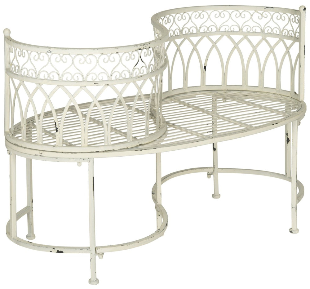 Safavieh LARA Kissing Bench - Elegant Victorian Garden Furniture with Heart Designs for Charming Outdoor Spaces Antique White PAT5005A