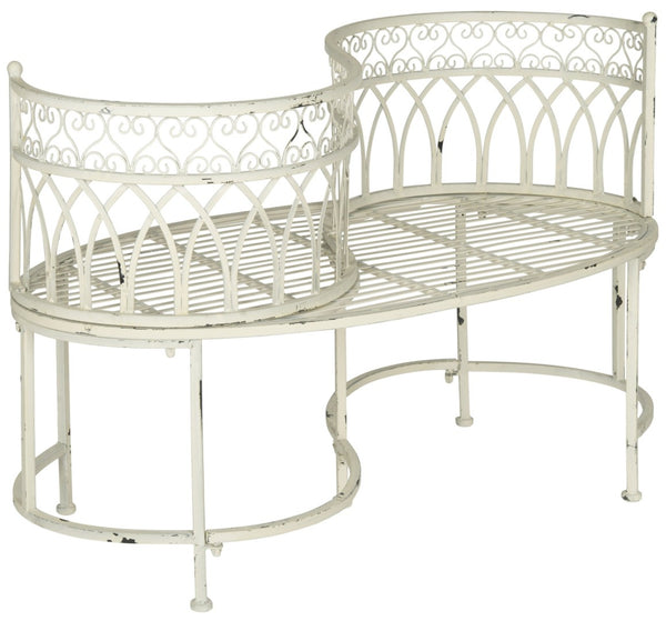 Safavieh LARA Kissing Bench - Elegant Victorian Garden Furniture with Heart Designs for Charming Outdoor Spaces Antique White PAT5005A