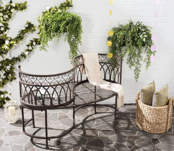 Safavieh LARA Kissing Bench - Elegant Victorian Garden Furniture with Heart Designs for Charming Outdoor Spaces Rustic Brown PAT5005B