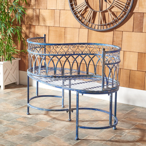 Safavieh LARA Kissing Bench - Elegant Victorian Garden Furniture with Heart Designs for Charming Outdoor Spaces Mossy Blue / - PAT5005C