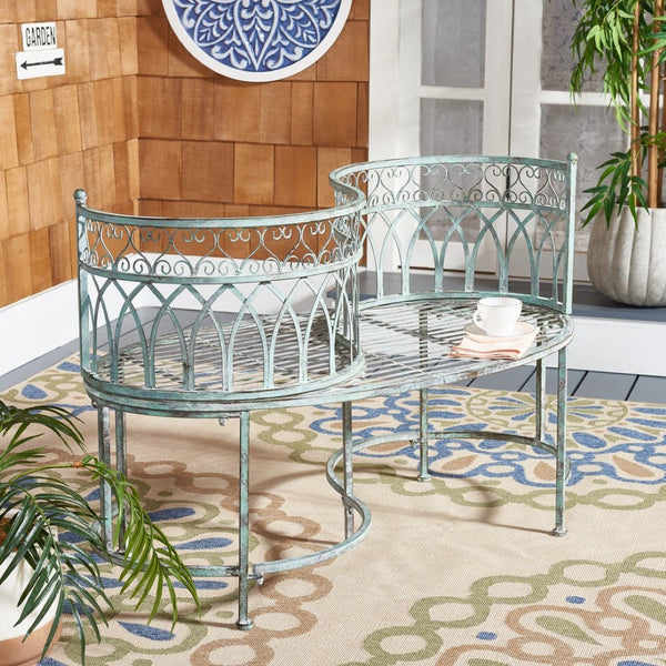 Safavieh LARA Kissing Bench - Elegant Victorian Garden Furniture with Heart Designs for Charming Outdoor Spaces Antique Dark Green / - PAT5005D