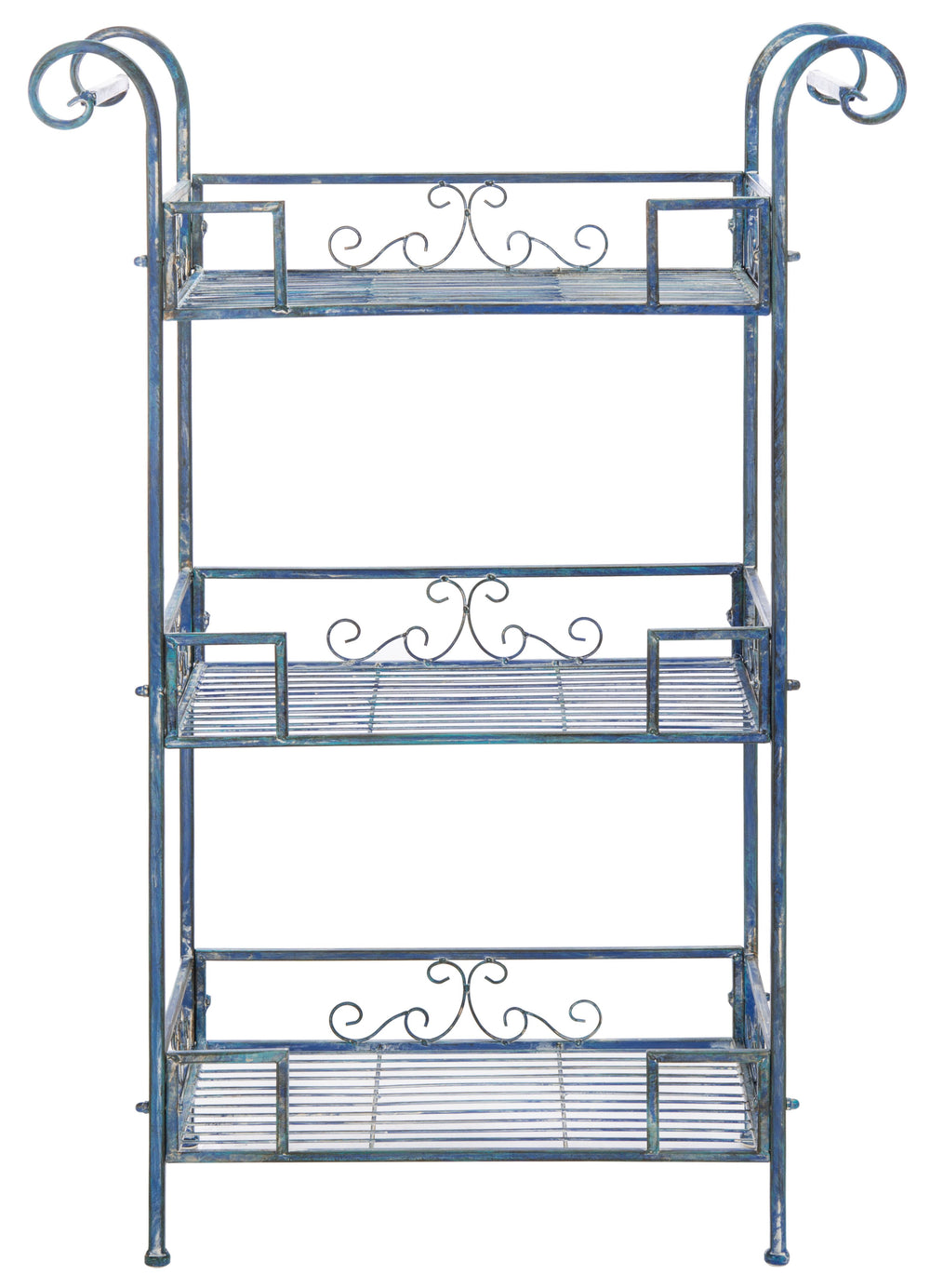 Safavieh Noreen 3 Tier Shelf In Mossy Blue – Vintage-inspired Outdoor Decor With Elegant Iron Scrolls Mossy Blue , 100% Iron Pat5006c