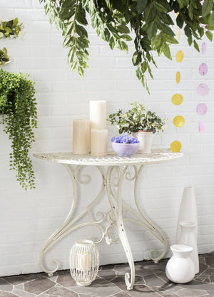 Safavieh ANNALISE Accent Table - Vintage-Inspired Iron Design with Baroque Flourishes for Outdoor Elegance Antique White PAT5008A