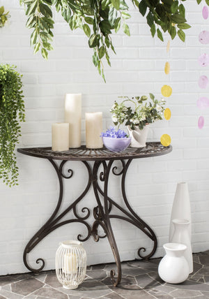 Safavieh ANNALISE Accent Table - Vintage-Inspired Iron Design with Baroque Flourishes for Outdoor Elegance Rustic Brown PAT5008B