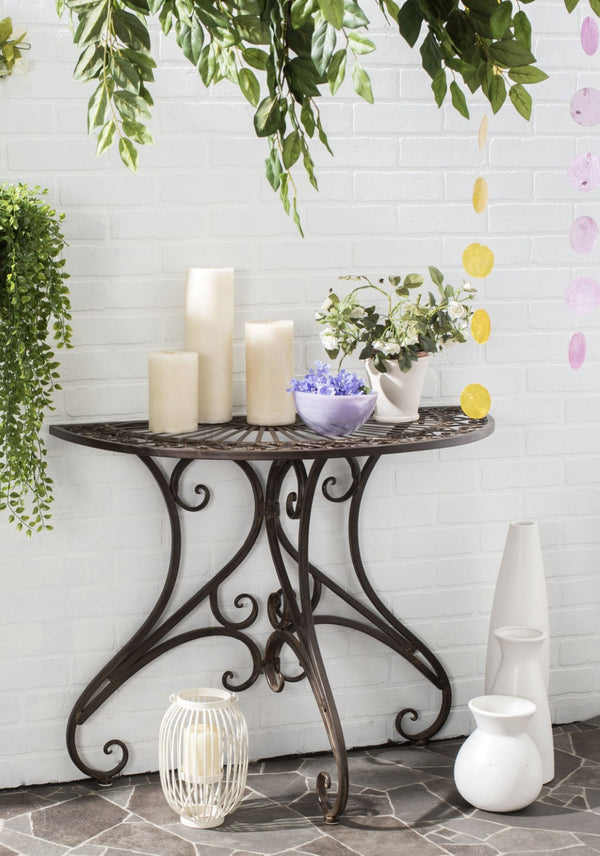Safavieh ANNALISE Accent Table - Vintage-Inspired Iron Design with Baroque Flourishes for Outdoor Elegance Rustic Brown PAT5008B