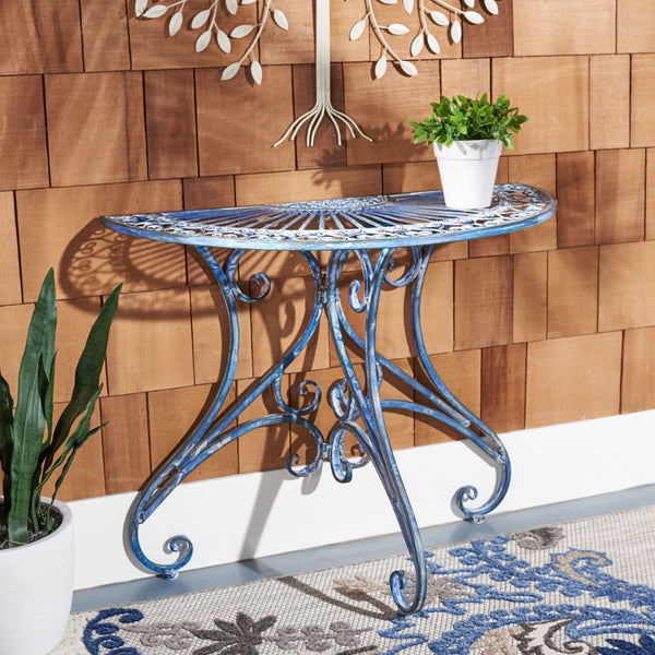 Safavieh ANNALISE Accent Table - Vintage-Inspired Iron Design with Baroque Flourishes for Outdoor Elegance Mossy Blue / - PAT5008C