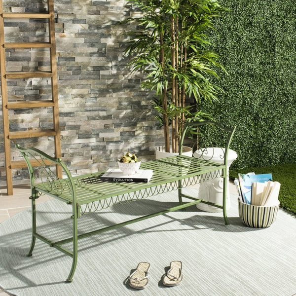Safavieh ARONA Antique Green Metal Bench - Timeless New Orleans Charm for Your Outdoor Space, Durable & Stylish PAT5015A