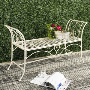 Safavieh ADINA Victorian-Inspired Metal Bench with Wrought-Iron Scrollwork for Elegant Outdoor Spaces Distressed White / - PAT5016A