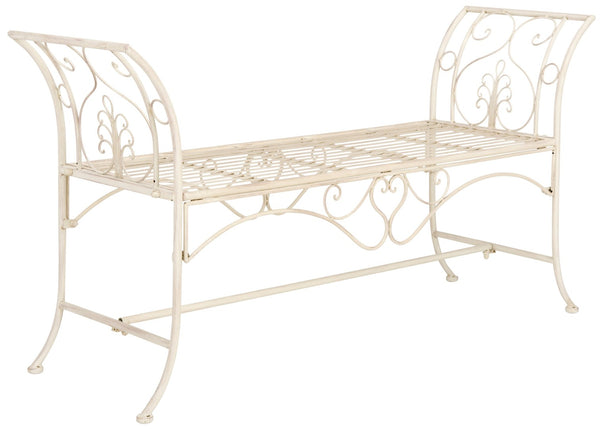 Safavieh ADINA Victorian-Inspired Metal Bench with Wrought-Iron Scrollwork for Elegant Outdoor Spaces Distressed White / - PAT5016A
