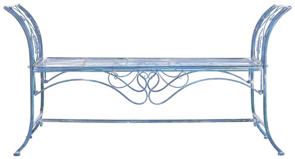 Safavieh ADINA Victorian-Inspired Metal Bench with Wrought-Iron Scrollwork for Elegant Outdoor Spaces Mossy Blue / - PAT5016C