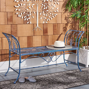 Safavieh ADINA Victorian-Inspired Metal Bench with Wrought-Iron Scrollwork for Elegant Outdoor Spaces Mossy Blue / - PAT5016C