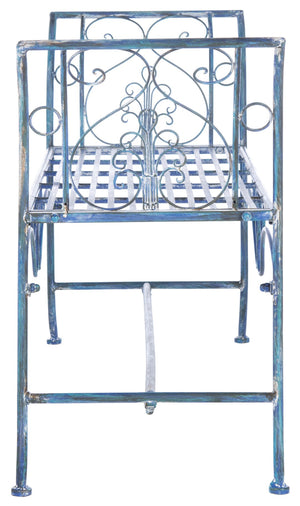 Safavieh ADINA Victorian-Inspired Metal Bench with Wrought-Iron Scrollwork for Elegant Outdoor Spaces Mossy Blue / - PAT5016C