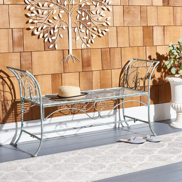 Safavieh ADINA Victorian-Inspired Metal Bench with Wrought-Iron Scrollwork for Elegant Outdoor Spaces Antique Dark Green / - PAT5016D