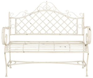 Safavieh ABNER Elegant Parisian Inspired Garden Bench with Delicate Scrollwork for Outdoor Living Spaces Antique White PAT5017A