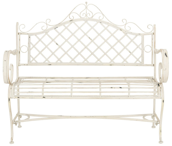Safavieh ABNER Elegant Parisian Inspired Garden Bench with Delicate Scrollwork for Outdoor Living Spaces Antique White PAT5017A